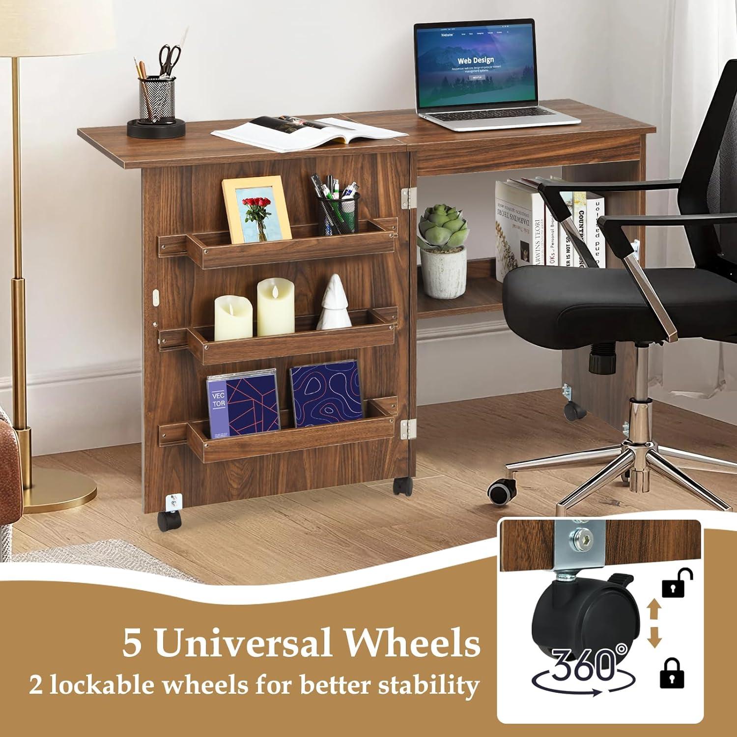 Costway Folding Sewing Craft Table Shelf Storage Cabinet Home Furniture W/Wheels Brown