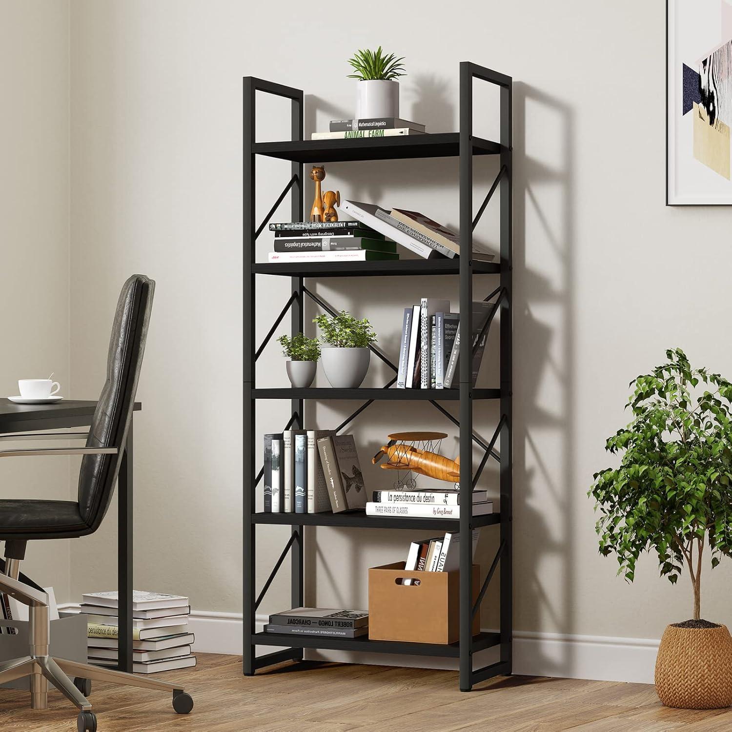 WedealFu Inc Roul Wood 5 Tiers Bookshelf Modern Bookcase Storage Rack Shelves Black