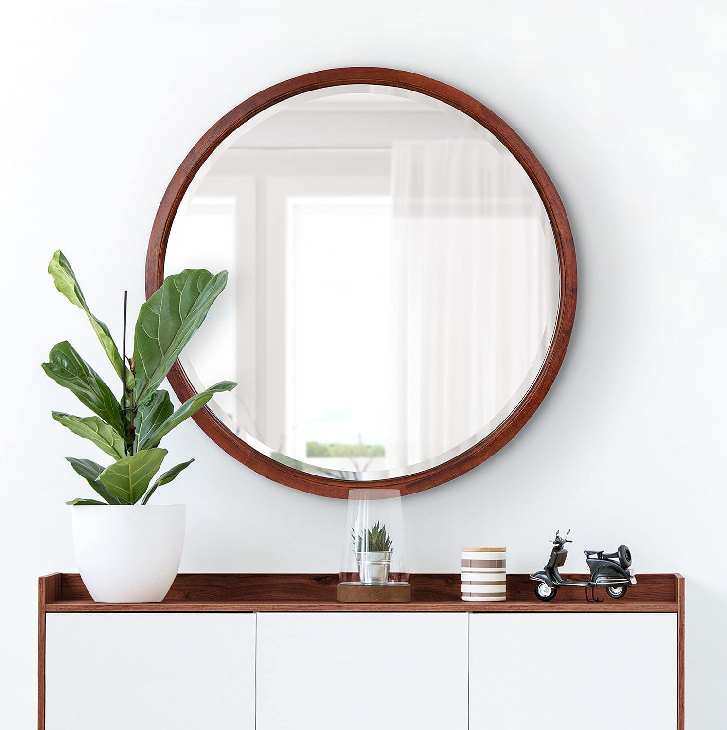 32" x 32" Hogan Round Framed Decorative Wall Mirror Walnut Brown : Modern Wood Frame, No Assembly Required
