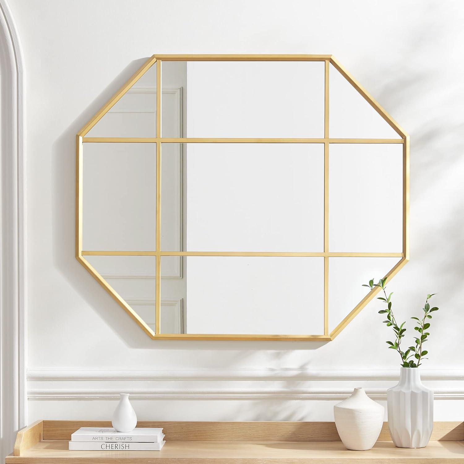 Gold Metal and Glass Windowpane Wall Mirror