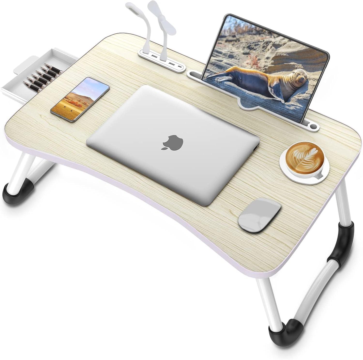 Foldable Light Wood Laptop Desk with USB Ports and Storage