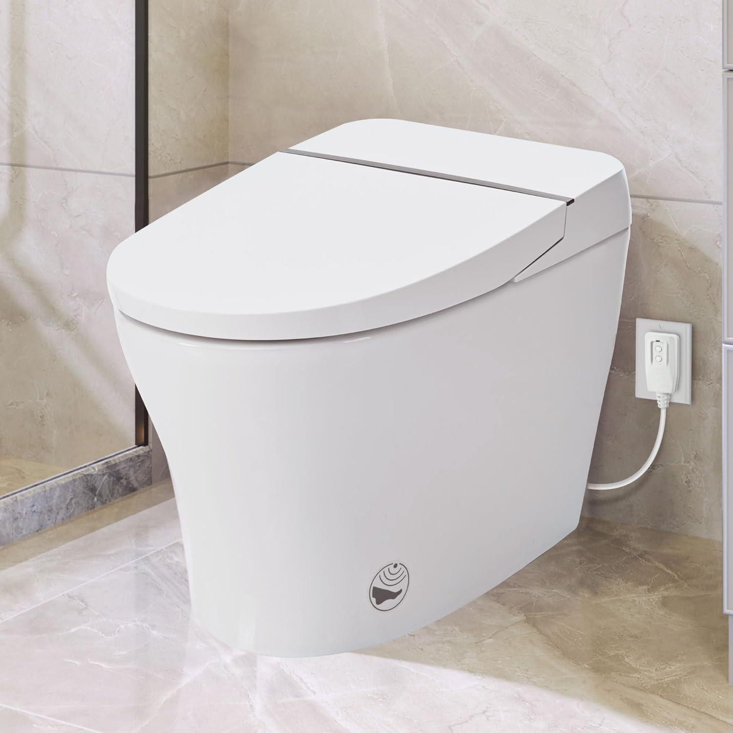 Smart Toilet Bidet Combo With Self-Cleaning Nozzle,Upmarket Compact Dual Flush Toilet 1/1.28 GPF,Tank Less Toilet With Foot Sensor Flush,White Night Light,Knob Control,Power Outage Flushing,Soft Close