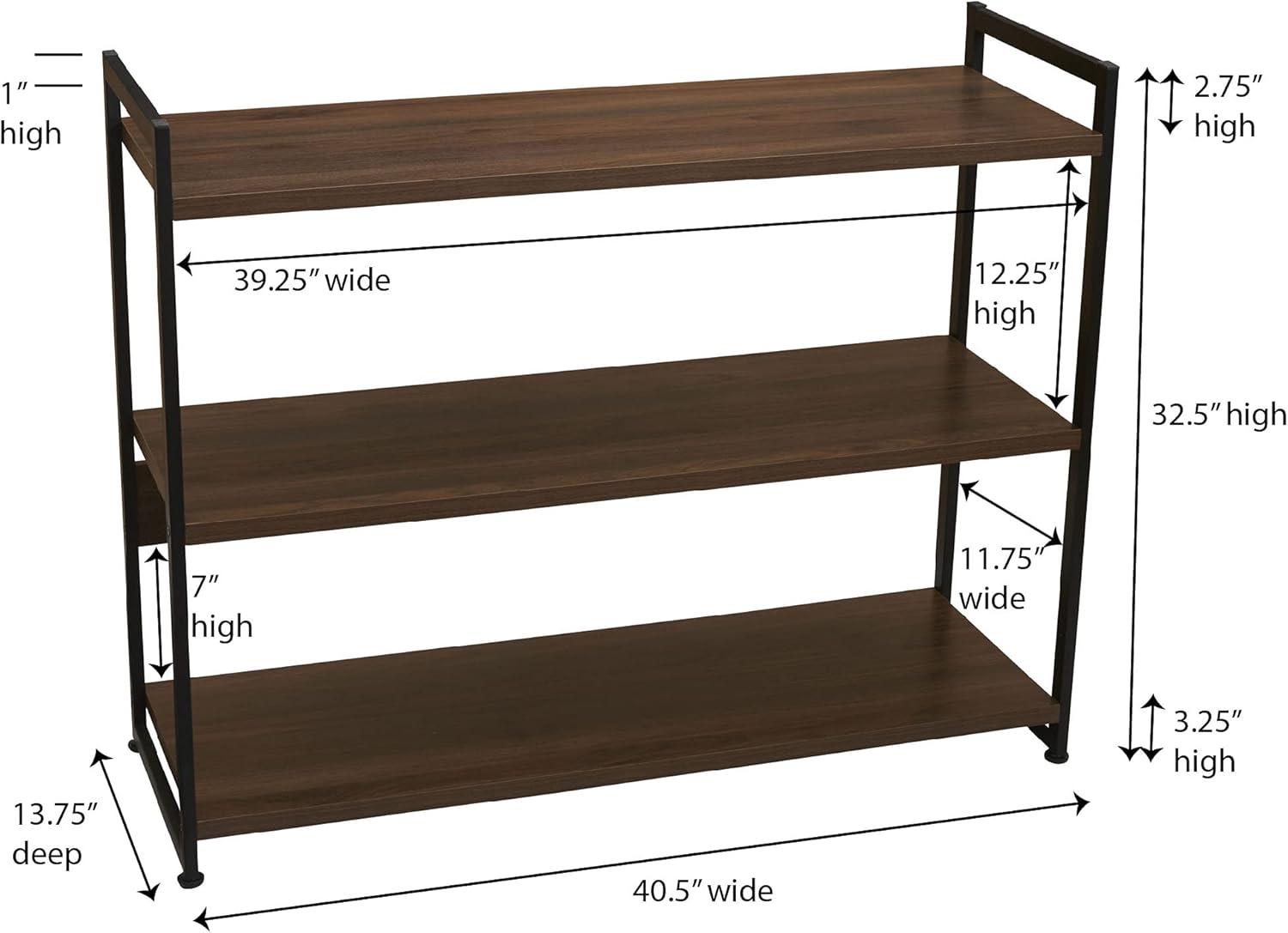 Household Essentials 32.5" Jamestown Wide 3 Shelf Bookshelf Walnut: Faux Wood, Iron Frame, Low Profile