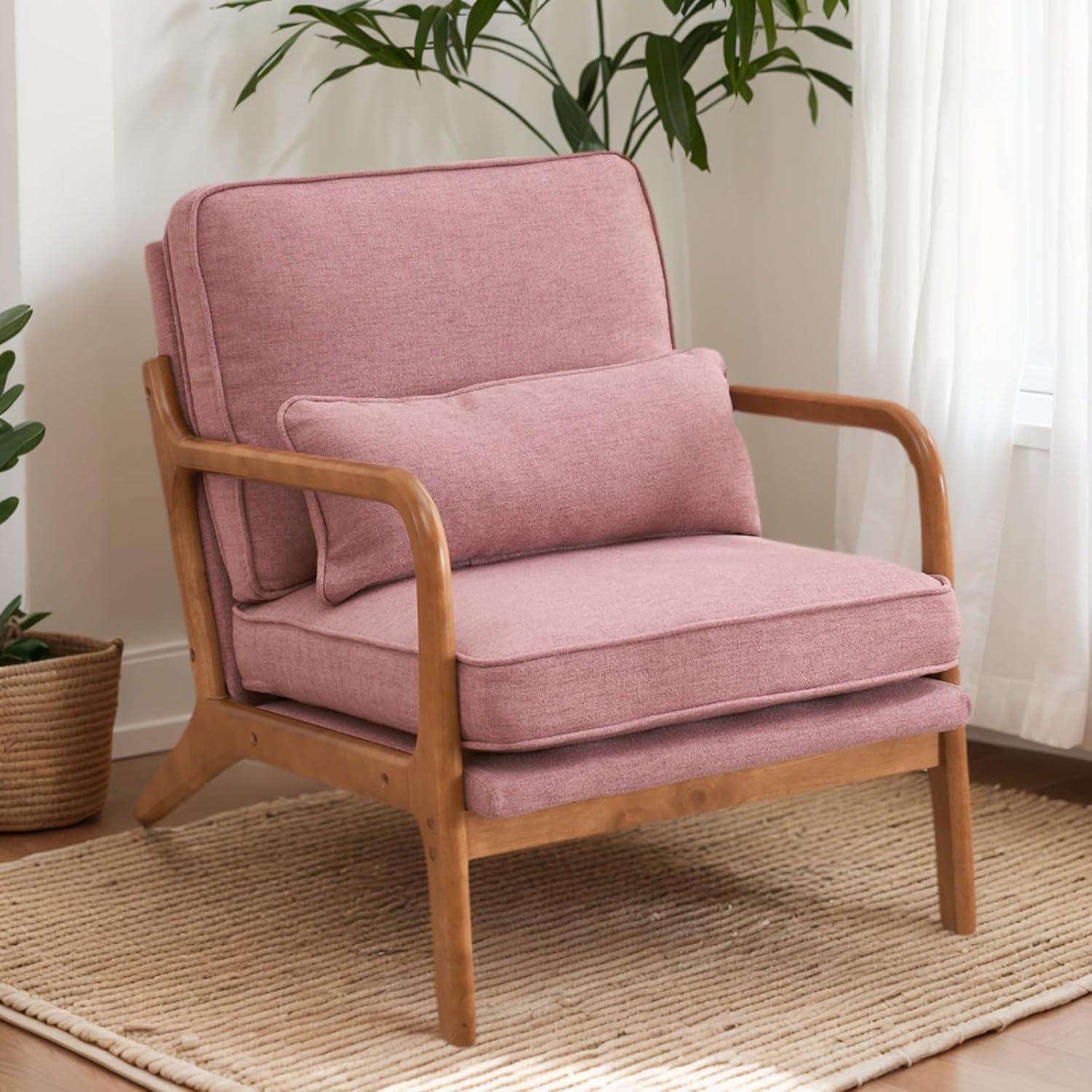 George Oliver Lemley Mid Century Solid Wood Accent Chair Upholstered Armchair with an Extra Pillow