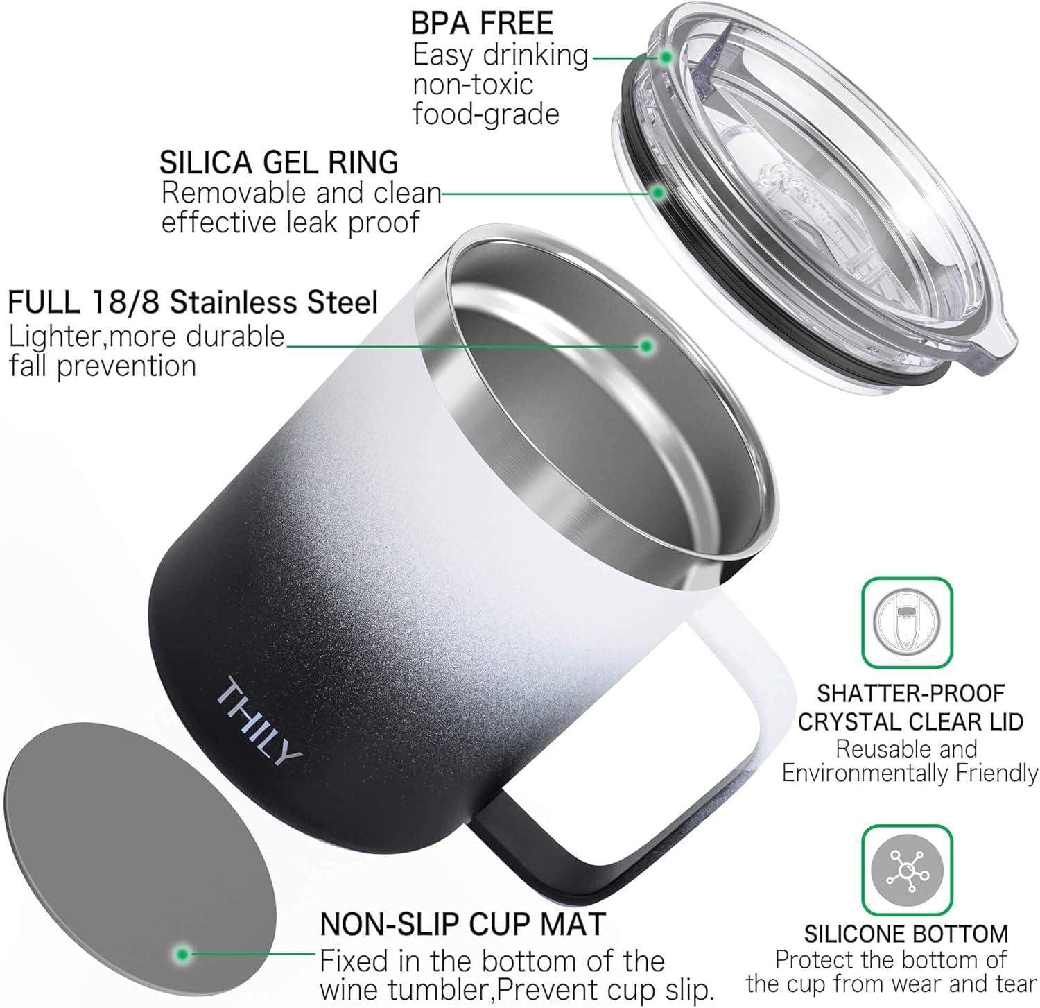 Vacuum Insulated Travel 12 oz Coffee Mug with Handle, THILY Stainless Steel Cup with Spill-Proof Lid, Keep Coffee Cold, Great for Camping, White Marble