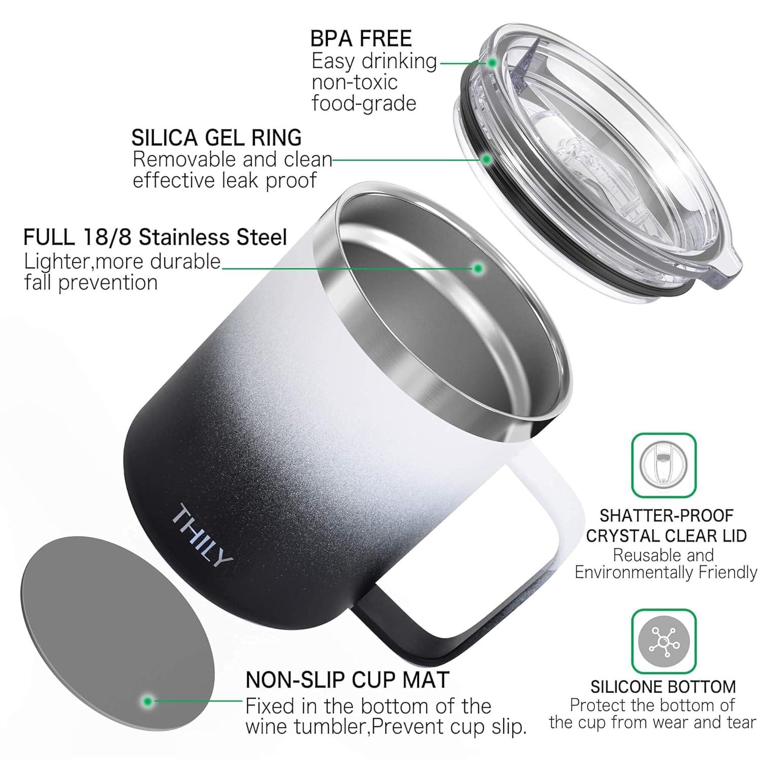 Vacuum Insulated Travel 12 oz Coffee Mug with Handle, THILY Stainless Steel Cup with Spill-Proof Lid, Keep Coffee Cold, Great for Camping, White Marble