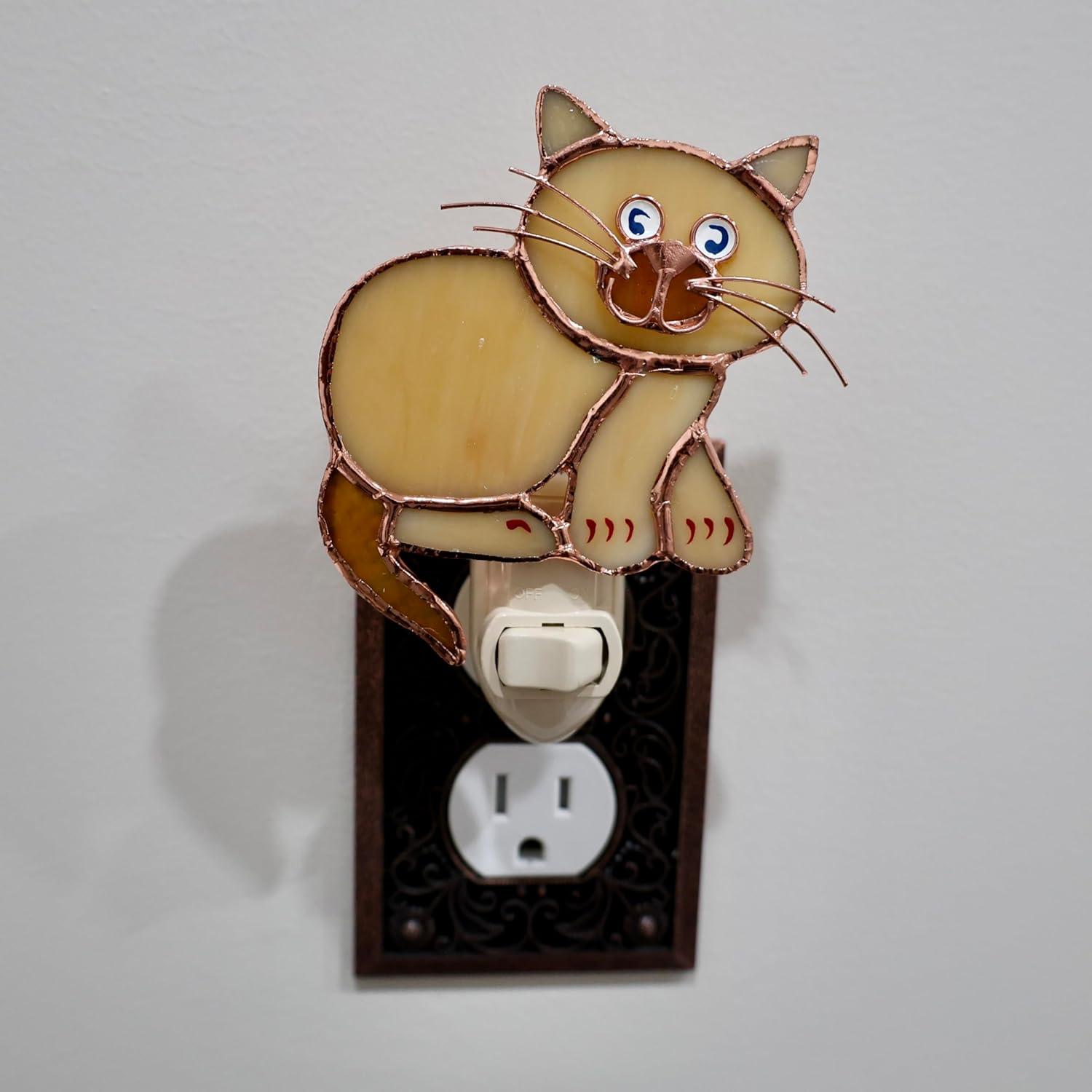 Handcrafted Tan Stained Glass Cat Night Light with Switch