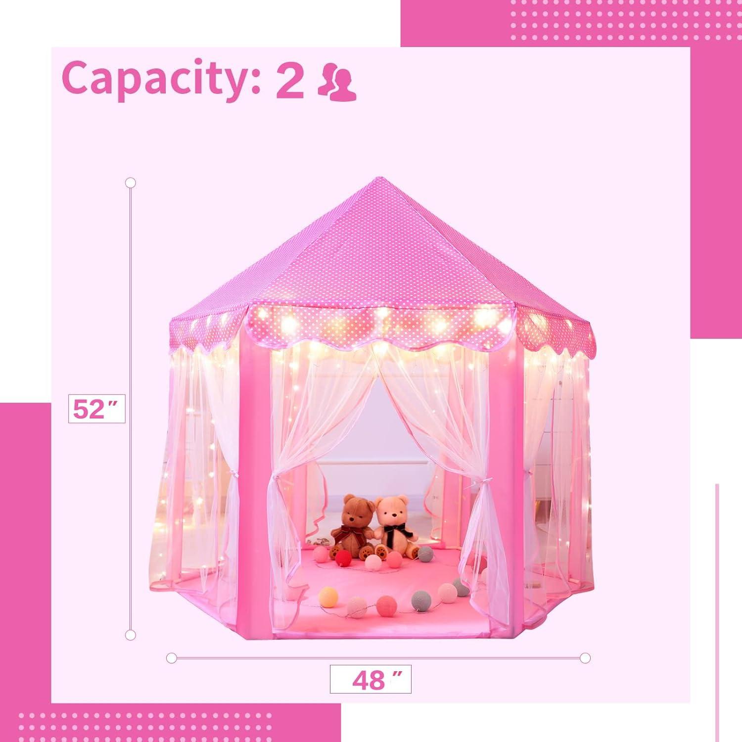 Pink Hexagon Princess Castle Tent with Fairy Star Lights