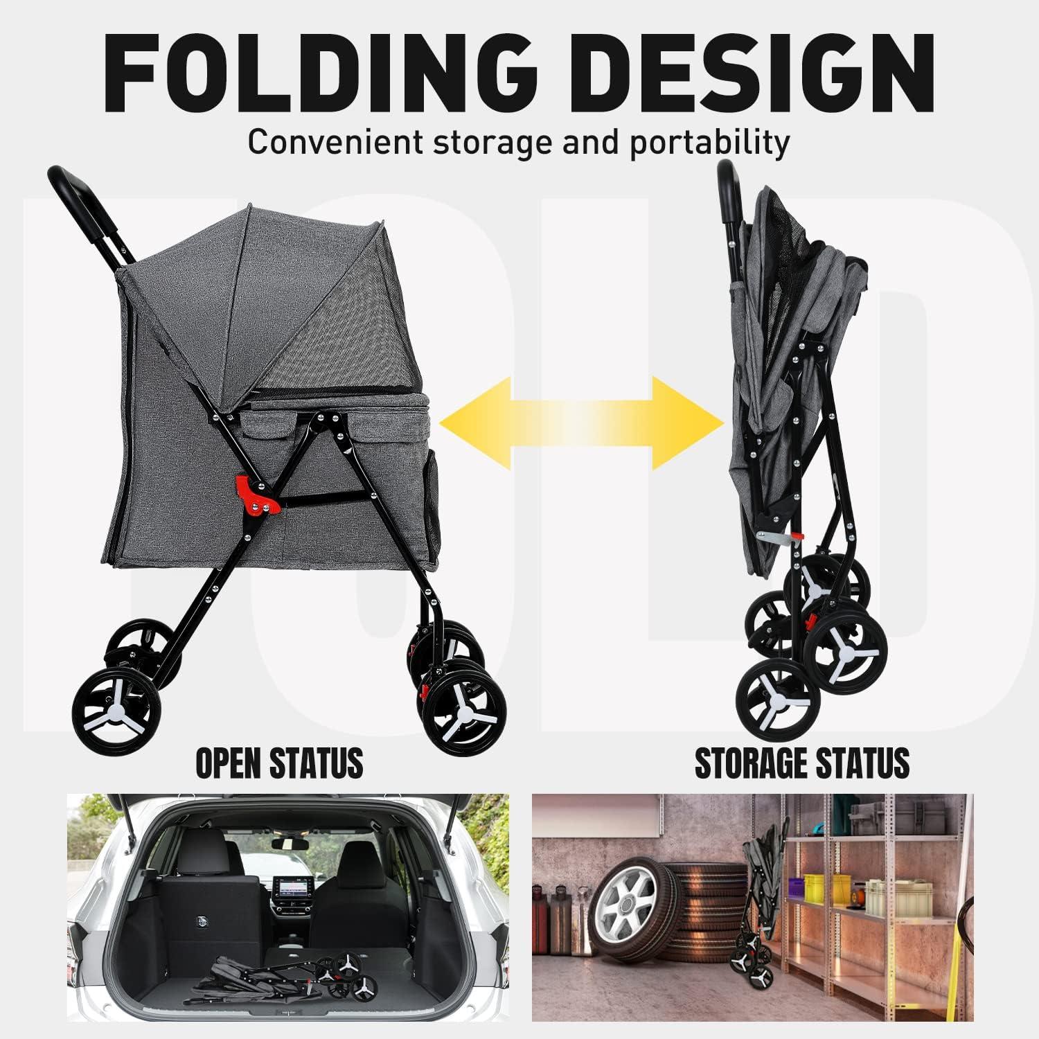 Grey Foldable Pet Stroller with Mesh Windows