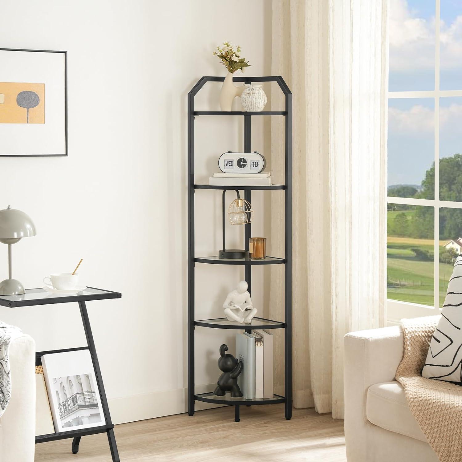 Black 5-Tier Steel and Glass Corner Shelf Stand