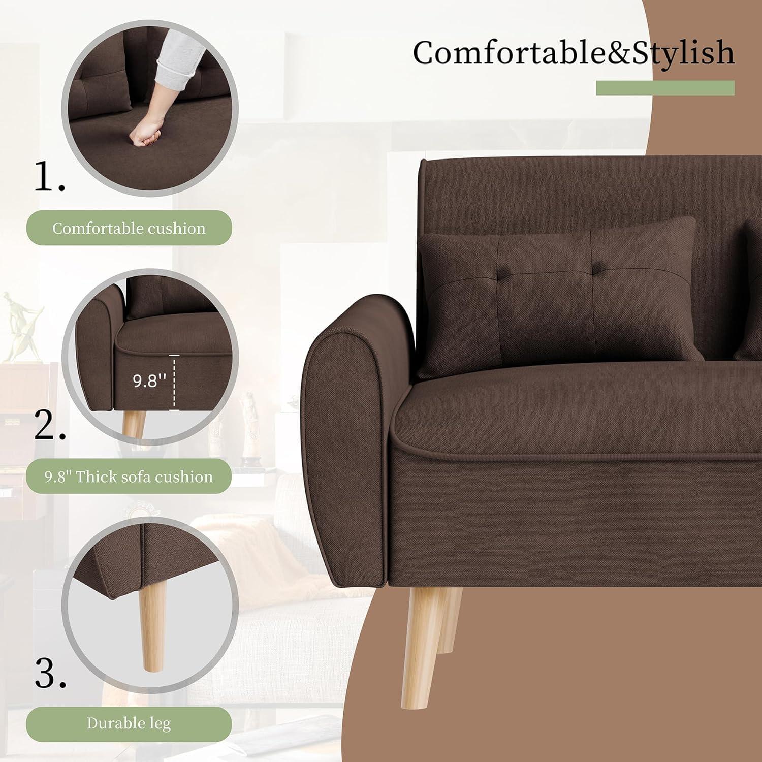 47" Black Tufted Linen Loveseat with Wood Legs