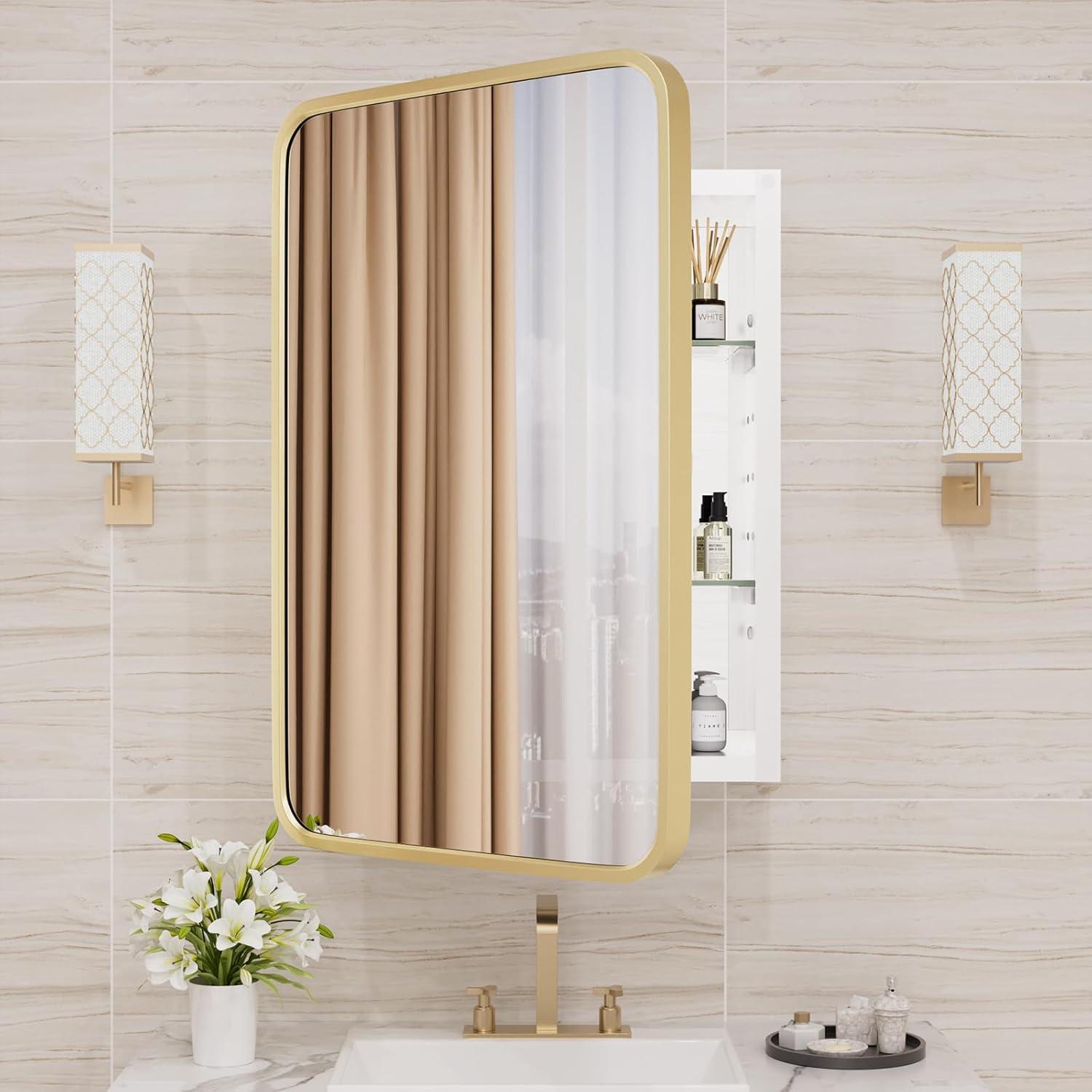 Bathroom Medicine Cabinet With Mirror, 16X24 Inch Gold Recessed Medicine Cabinet With Round Corner Aluminum Alloy Metal Framed, Single Door Modern Medicine Cabinet With Storage