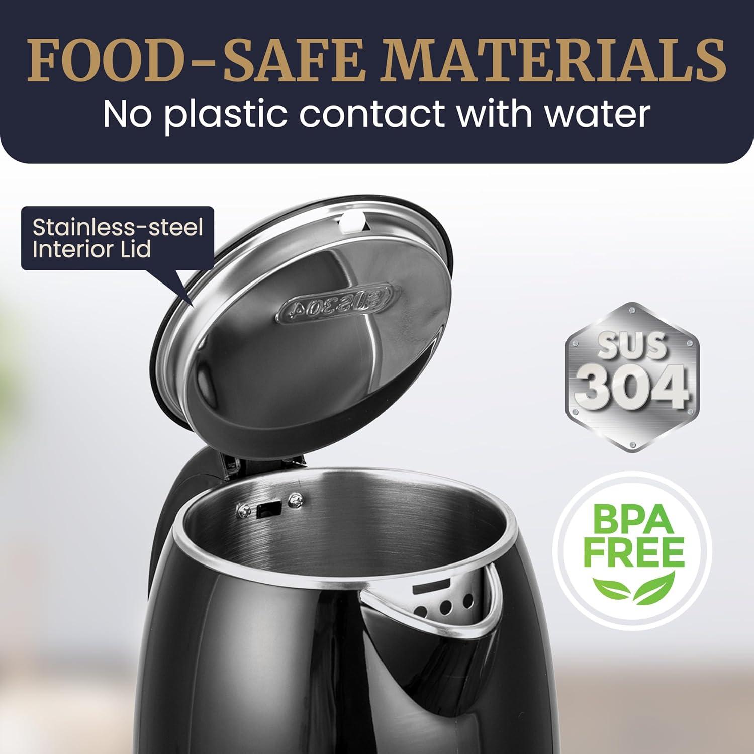 Elite Gourmet 1.8L Cool-Touch Electric Kettle, Stainless Steel, Black