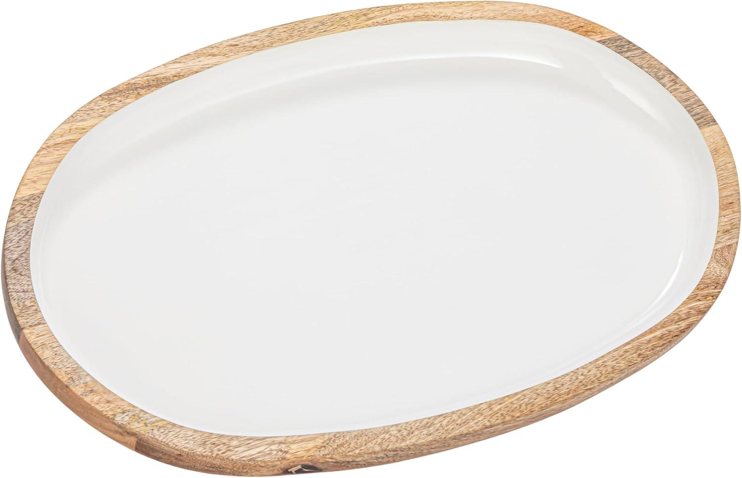 Creative Co-Op Oval Enameled Mango Wood Tray, White and Natural