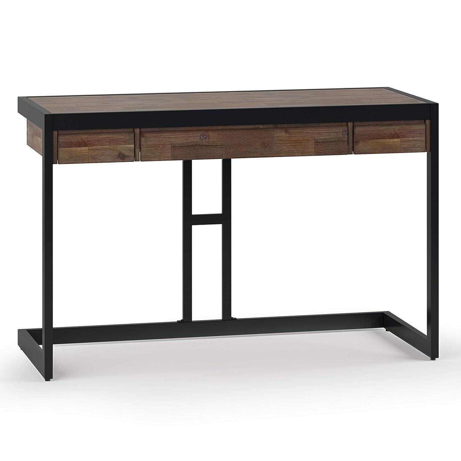 Simpli Home Erina Solid Acacia Wood Desk, Industrial Style with Keyboard Tray and 2 Drawers
