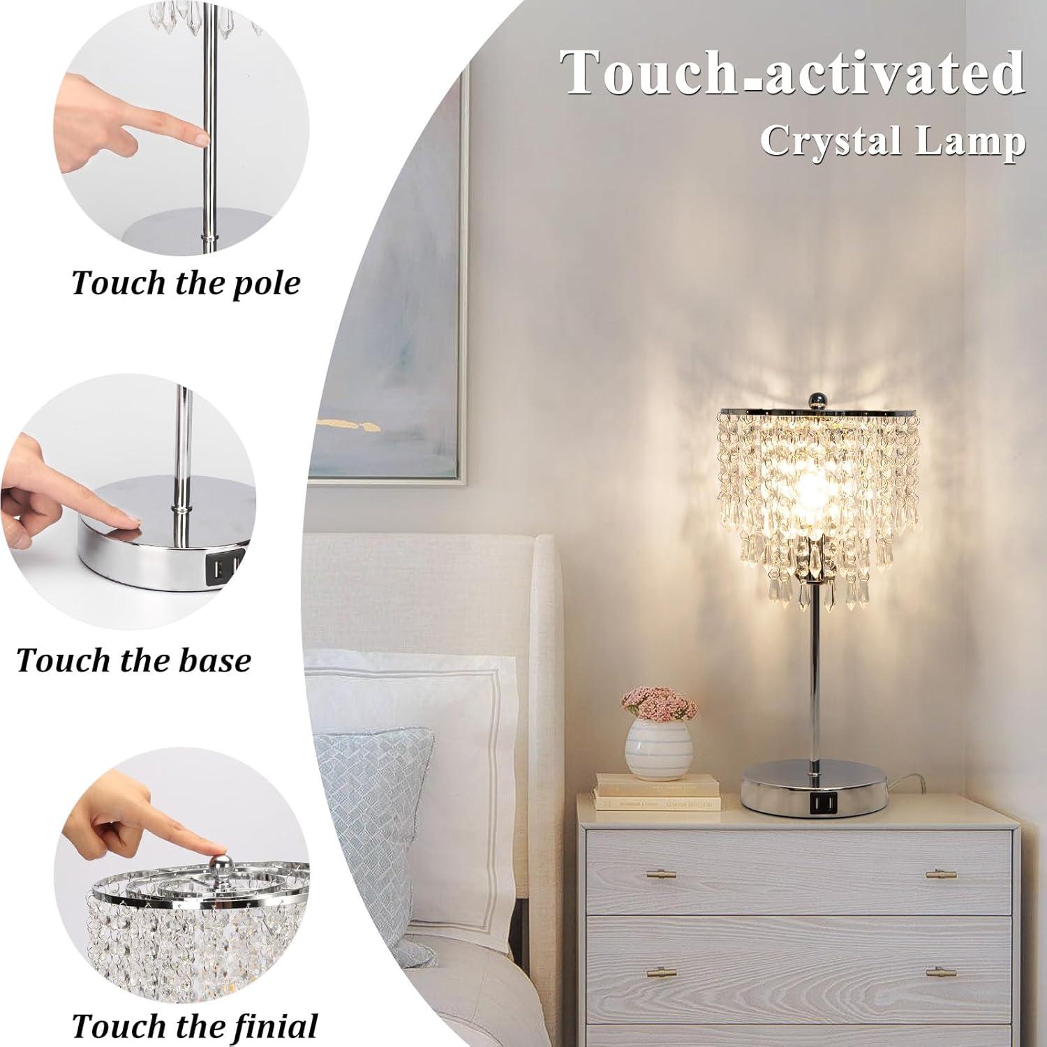 White Crystal 3-Way Touch Control Table Lamp with USB Ports