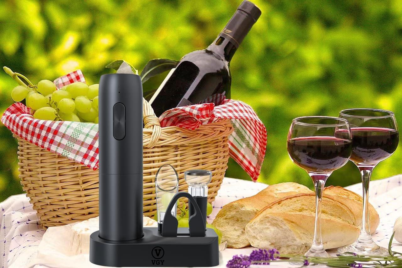 Rechargeable Electric Wine Opener, 5 in 1 set with Automatic Electric Wine Bottle Corkscrew Opener, Foil Cutter, Vacuum Stopper, Wine Pourer and Storage Charging Stand