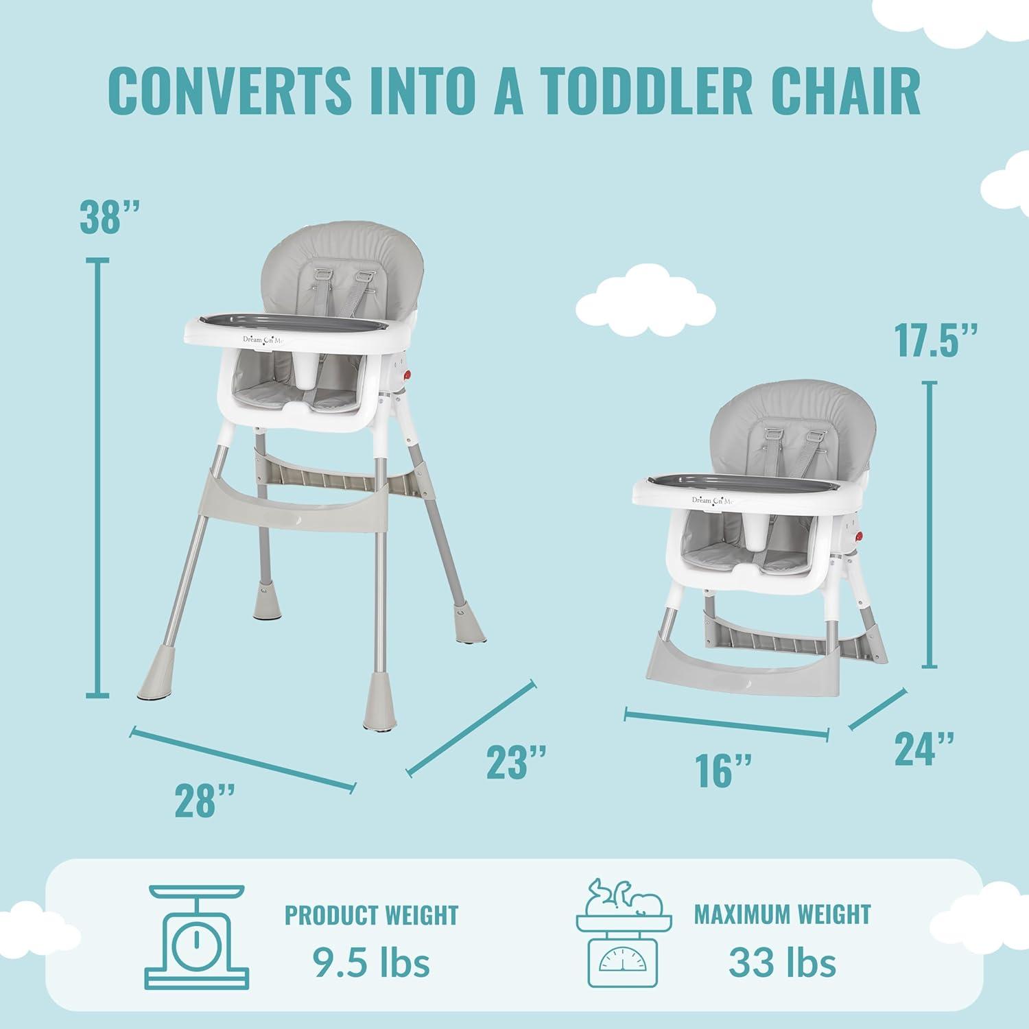 Dream On Me Portable 2-In-1 Table Talk High Chair - Convertible Compact and Lightweight, Grey