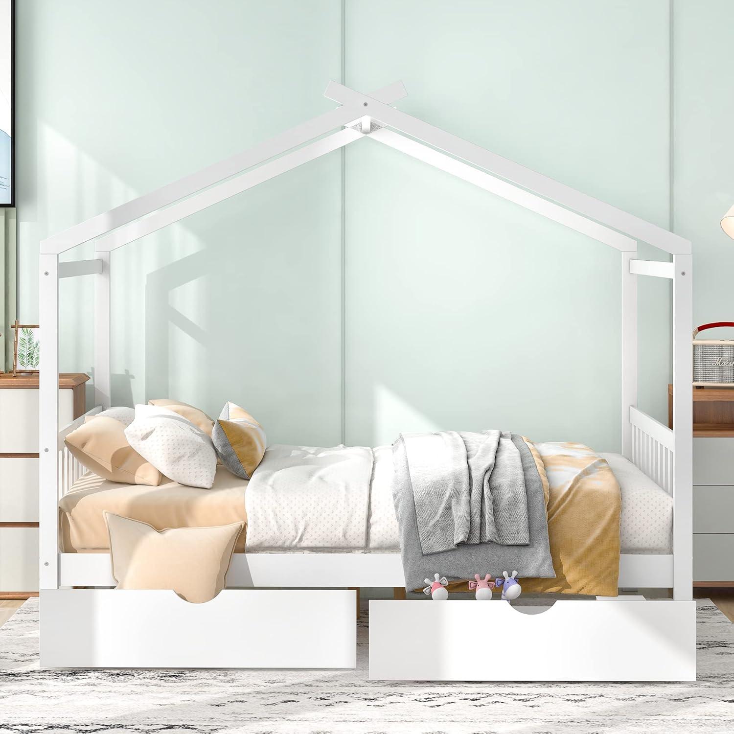 Kumix Platform Bed with Two Drawers, Wooden House Platform Bed Full Size with Headboard and Footboard, Roof Design for Kids Teens Boys and Girls, Noise-Free, No Box Spring Needed, White