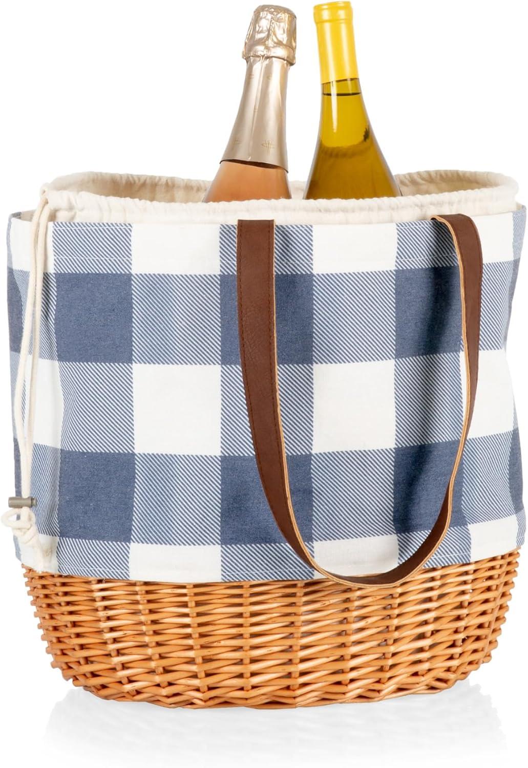 Picnic Time Coronado Canvas and Willow Basket Tote with Blue, White, and Beige Accents