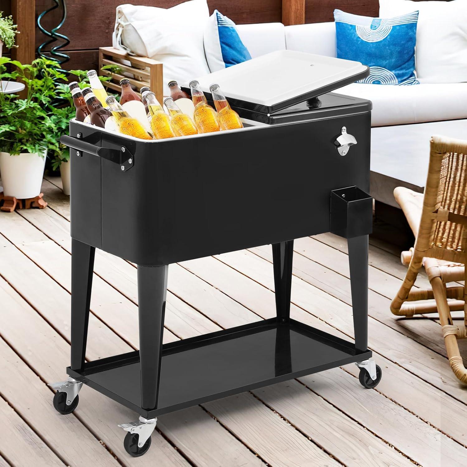 Bring Home Furniture Outdoor 80 Qt Rolling Cooler Cart, with Bottle Opener + Storage Shelf Camping Beverage Ice Chest