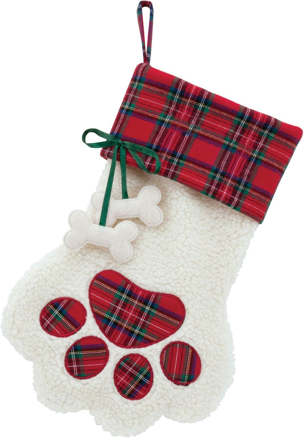 Personalized Planet Dog Paw Christmas Stocking with Custom Pet Name Embroidered, White Faux Sherpa with Red Plaid Cuff and Dog Bone Accents, Festive Christmas Décor, Ready to Hang
