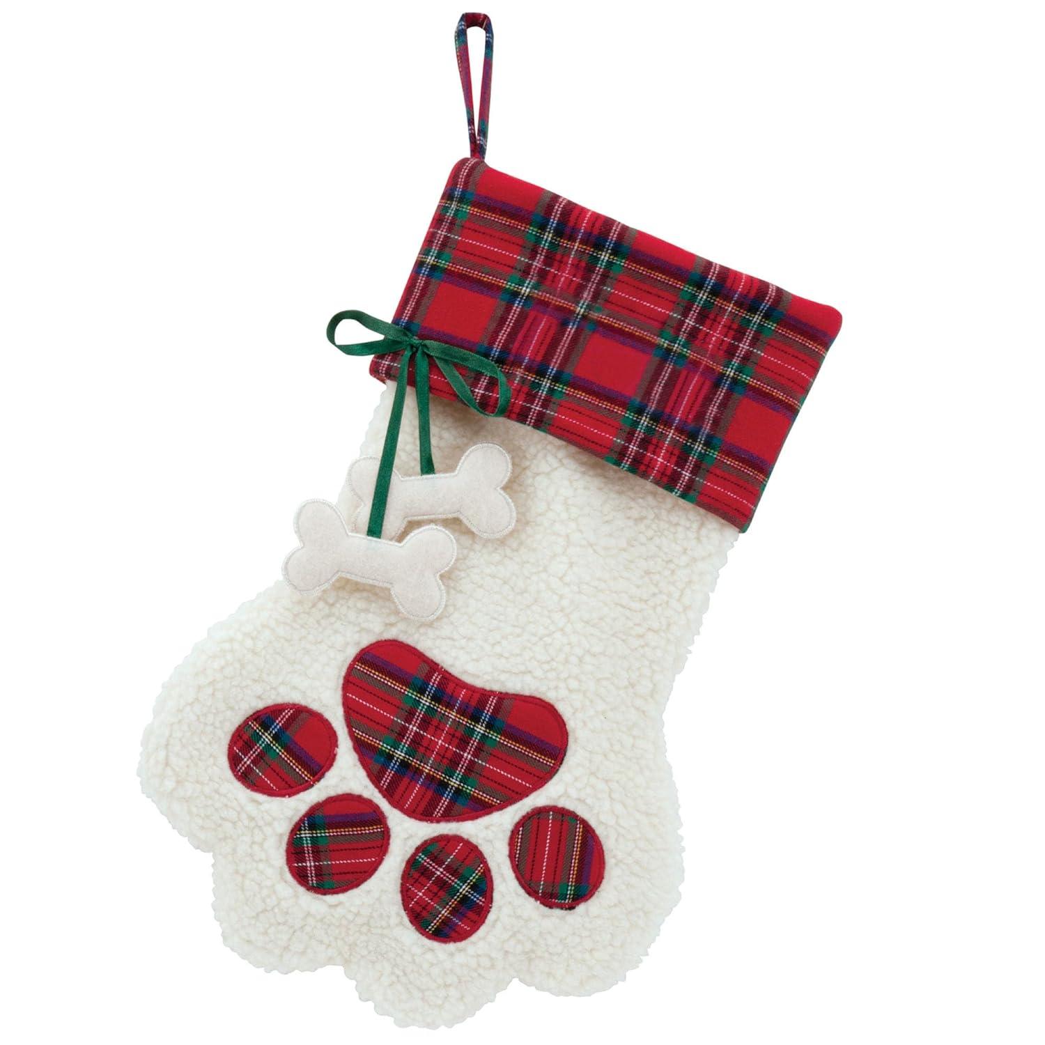 Personalized Planet Dog Paw Christmas Stocking with Custom Pet Name Embroidered, White Faux Sherpa with Red Plaid Cuff and Dog Bone Accents, Festive Christmas Décor, Ready to Hang