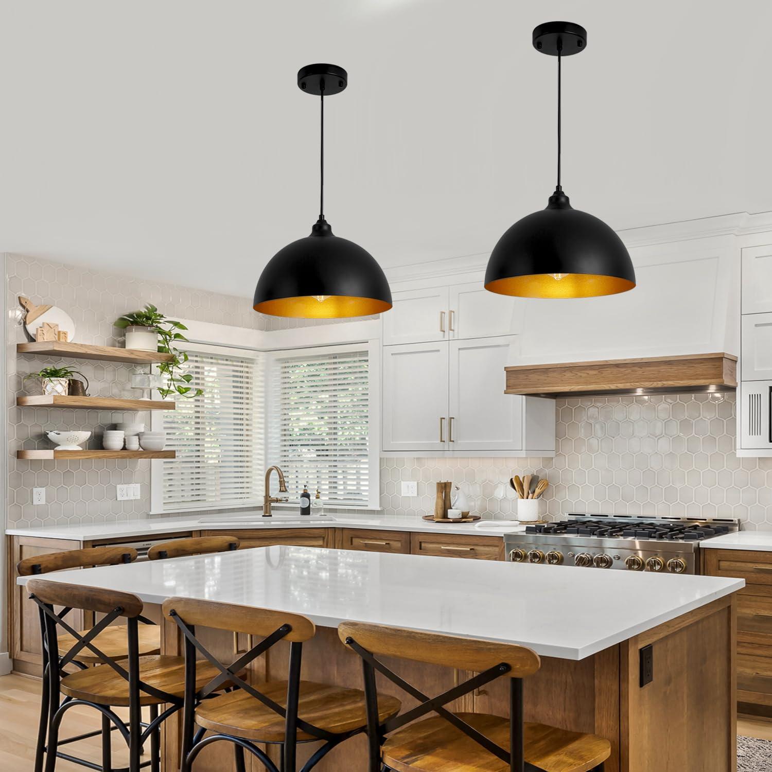 2-Pack Black Pendant Lights, 11.81'' Modern Pendant Lights Kitchen Island, Dome Large Pendant Light for Dining Room Foyer Bedroom Entryway Hallway Light Fixtures