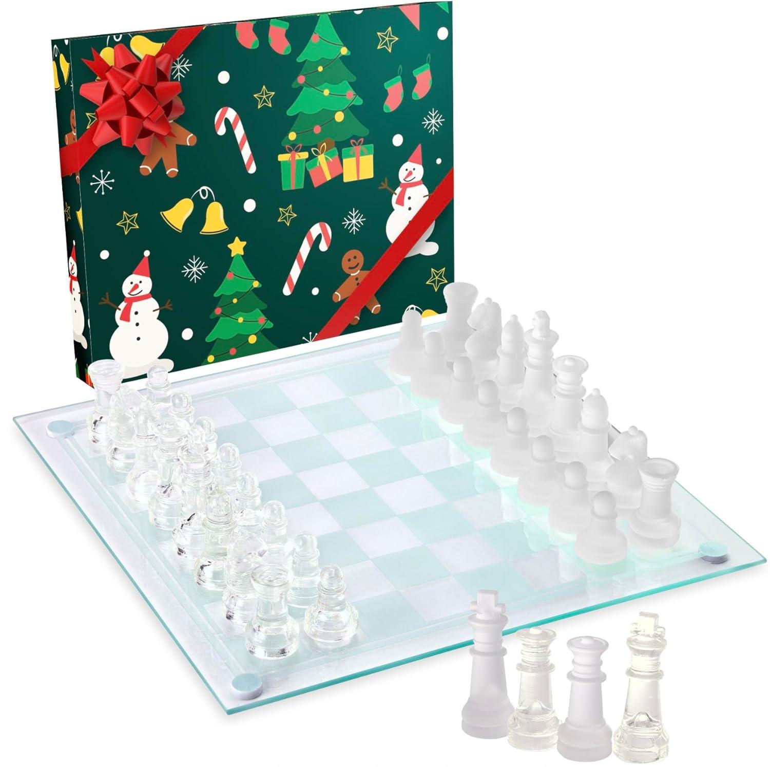SRENTA 10" Fine Glass Chess Game Set, Solid Glass Chess Pieces with Padded Bottom, Crystal Chess Board Youth Adults Play Set