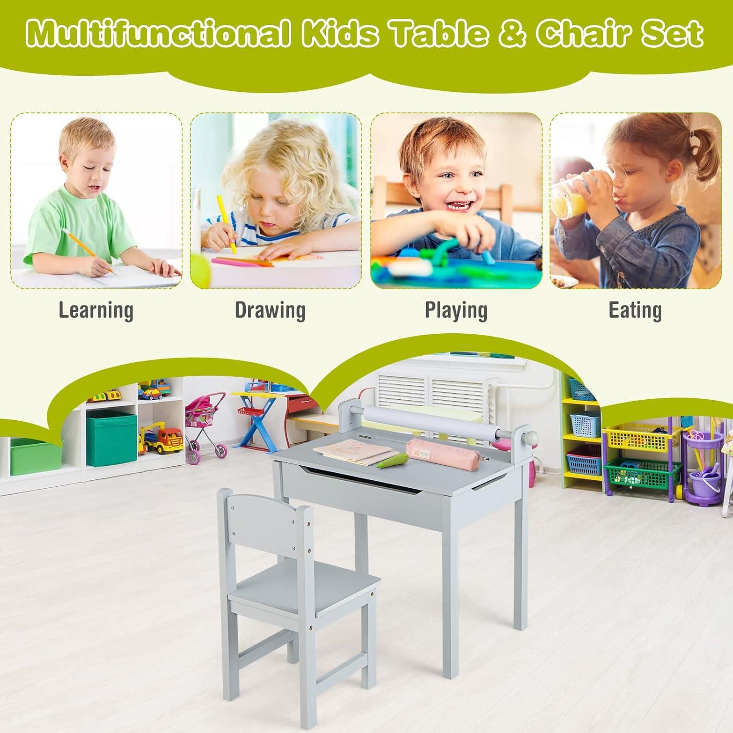 Gray Wooden Kids Activity Table and Chair Set with Storage