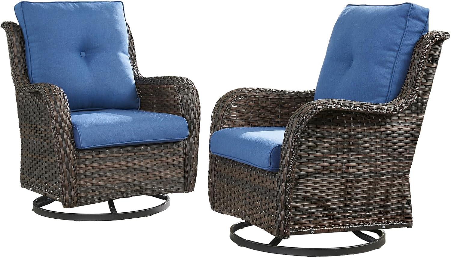 HUMMUH Outdoor Swivel Rocker Wicker Patio Chairs Set of 2, Rattan Rocking Chair Furniture Set(Brown,Blue)