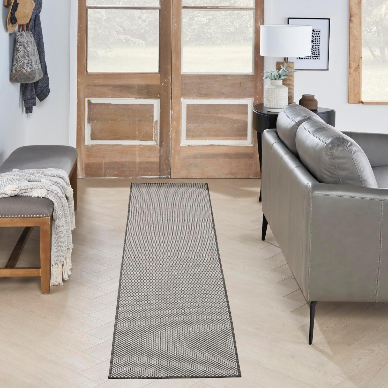 Nourison 2'2" x 10' Courtyard Modern Easy Care Flatweave Indoor Outdoor Runner Rug Ivory/Charcoal