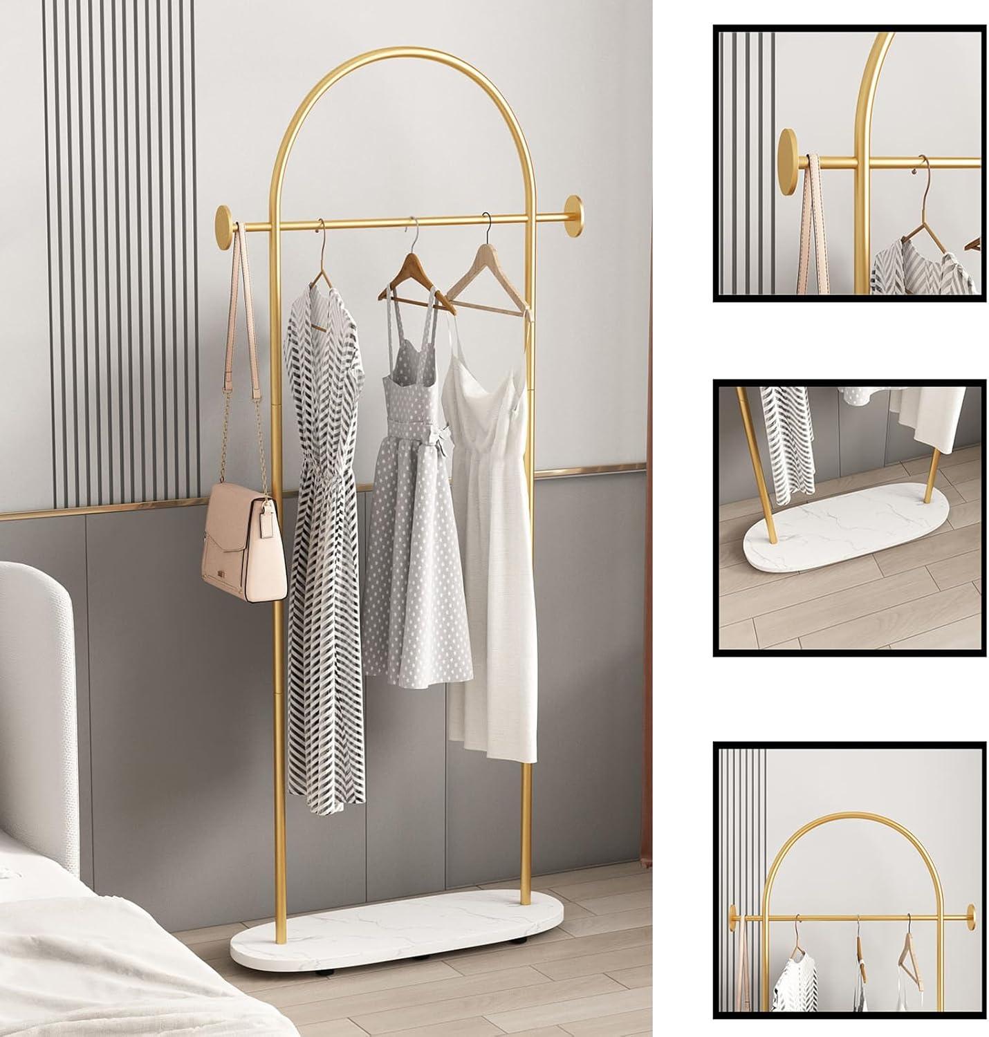 Gold Clothing Garment Rack with Marble Base and Tray, Modern Minimalist Hanging Clothes Rack, for Coats, Hats, Scarves and Handbags of Entryway, Hallway, Bedroom, Office（Golden）
