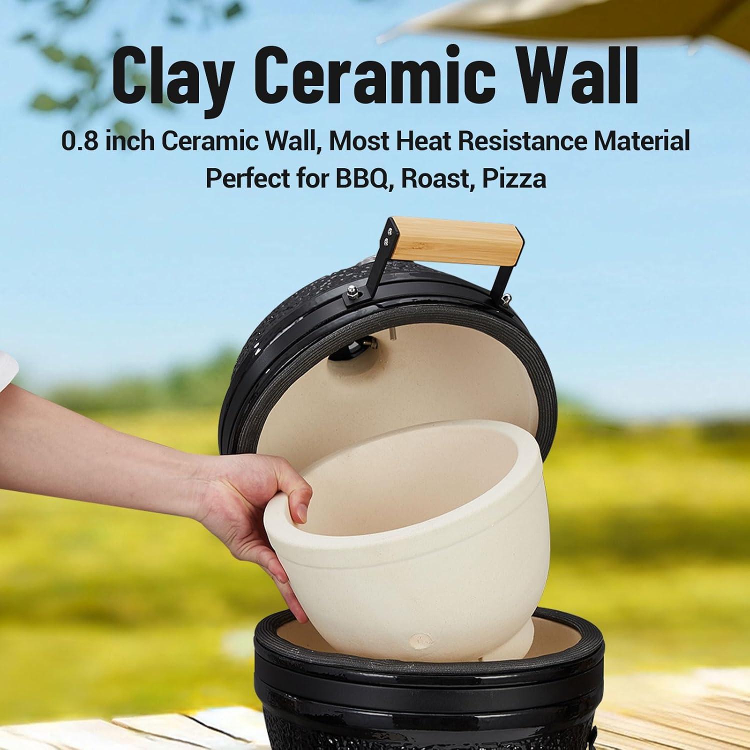 13-Inch Portable Ceramic Charcoal Grill with Grill Stand, Egg Shaped Ceramic Charcoal Grill w 10.6" Stainless Steel Cooking Grate, Heat Deflectors and Ash Tool for Outdoor Barbecue, Baking