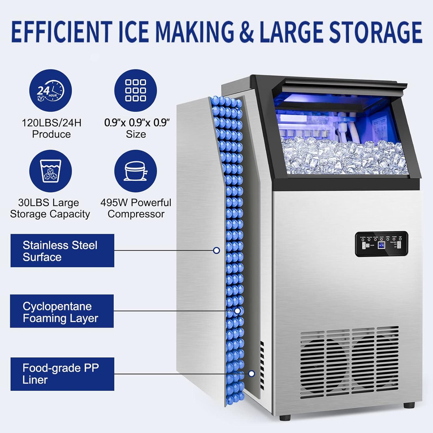 Commercial Maker 120 lb./24 H Freestanding Ice Maker Machine with 35 lbs. Storage, 2 Water Inlet Modes, Stainless Steel