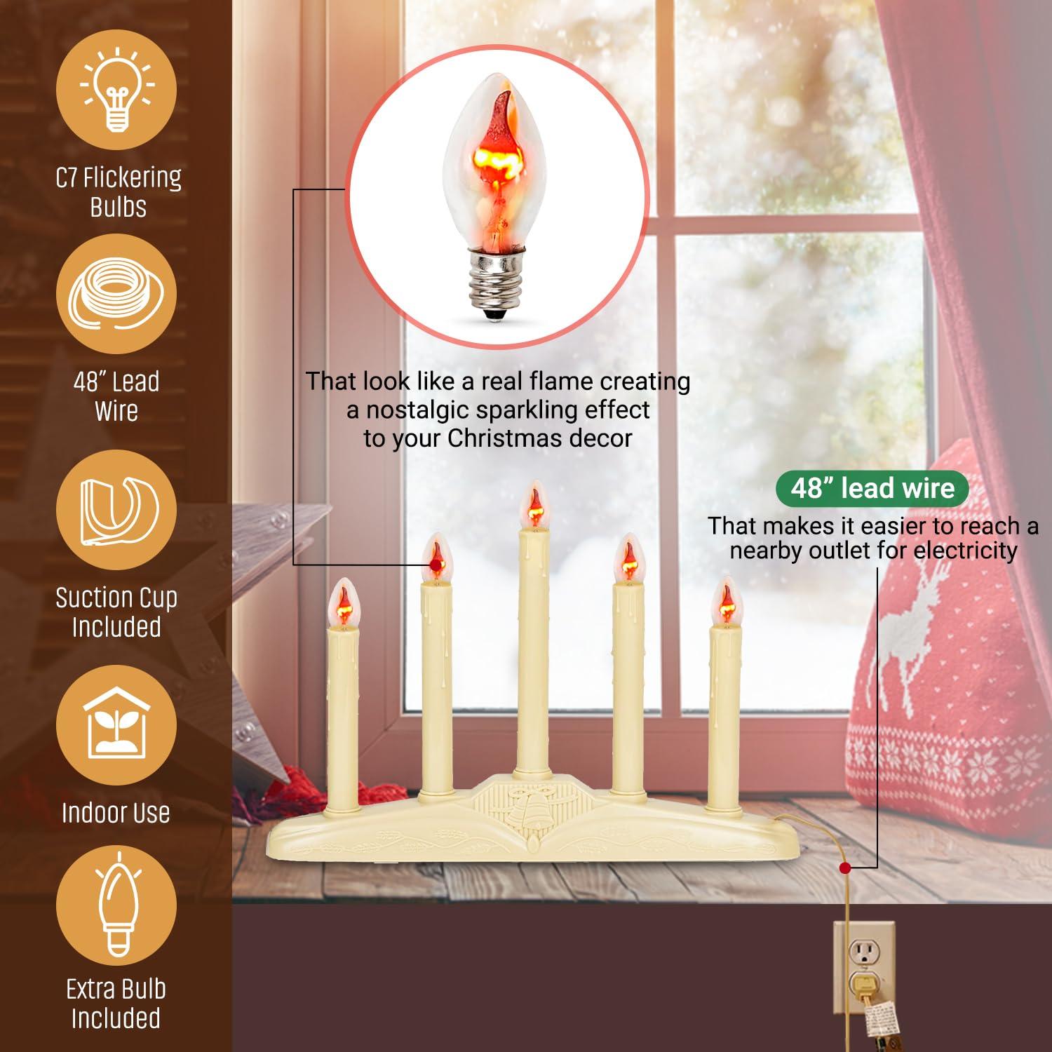 Tupkee Christmas Candolier Window Candles  with Flickering Bulbs  5-Lights Indoor -Flameless Electric Window Candles Candelabra