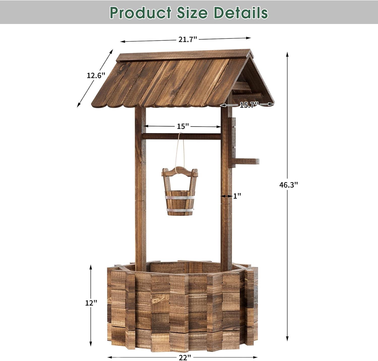 Rustic Brown Fir Wood Hanging Wishing Well Planter