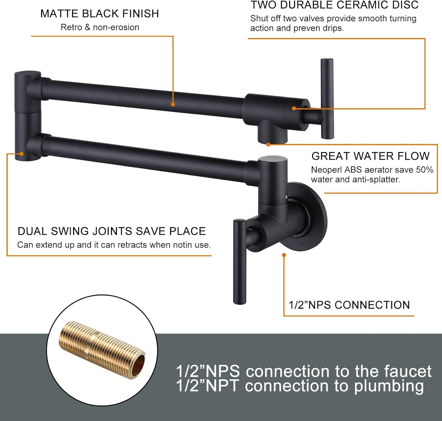 Wowow Contemporary Wall Mount Pot Filler Faucet with Double Joint Swing Arm in Matte Black