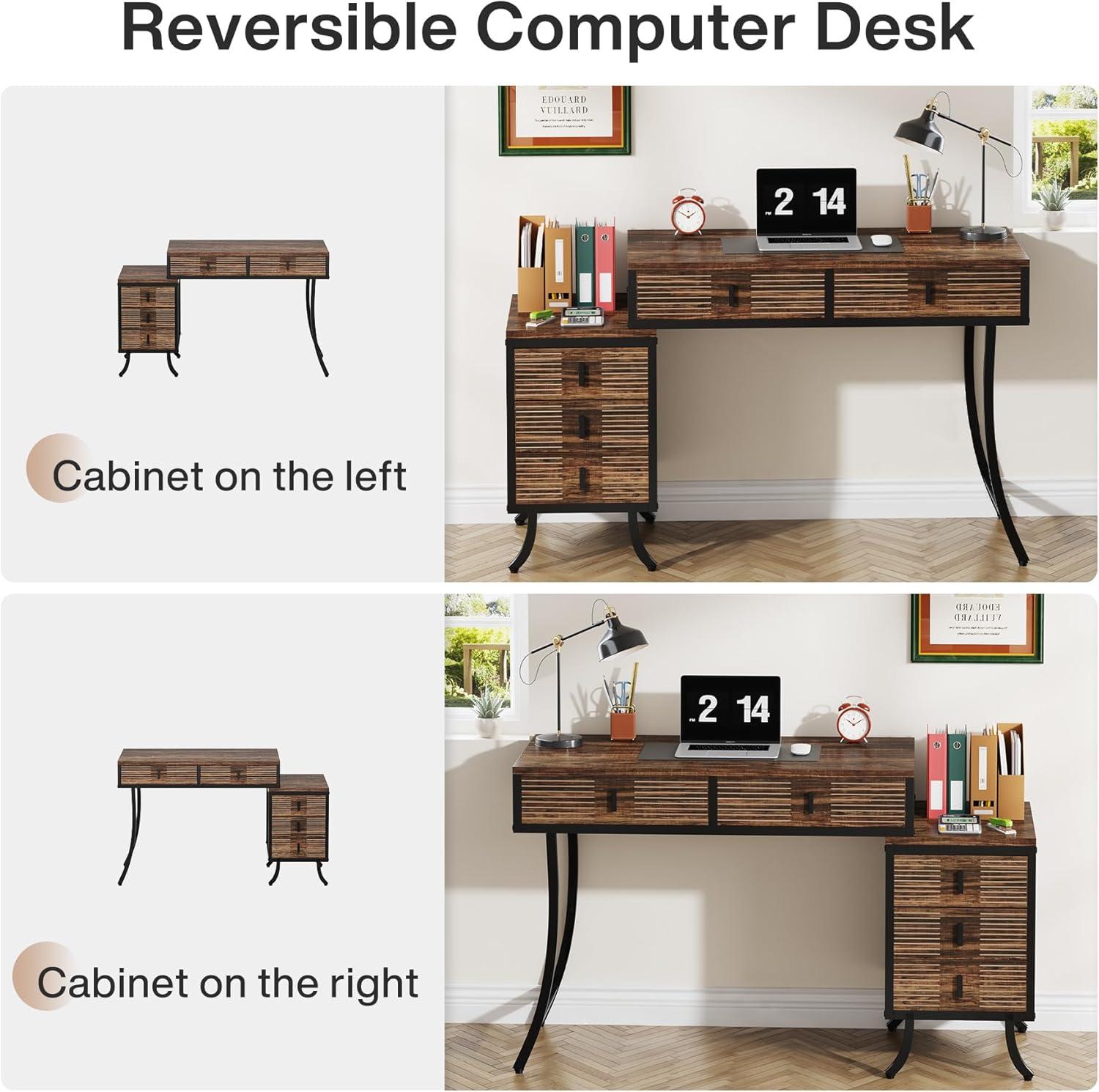 Tribesigns 55" Computer Desk, Industrial Home Office Desk with with 5 Drawers Reversible Drawer Cabinet for Home Office