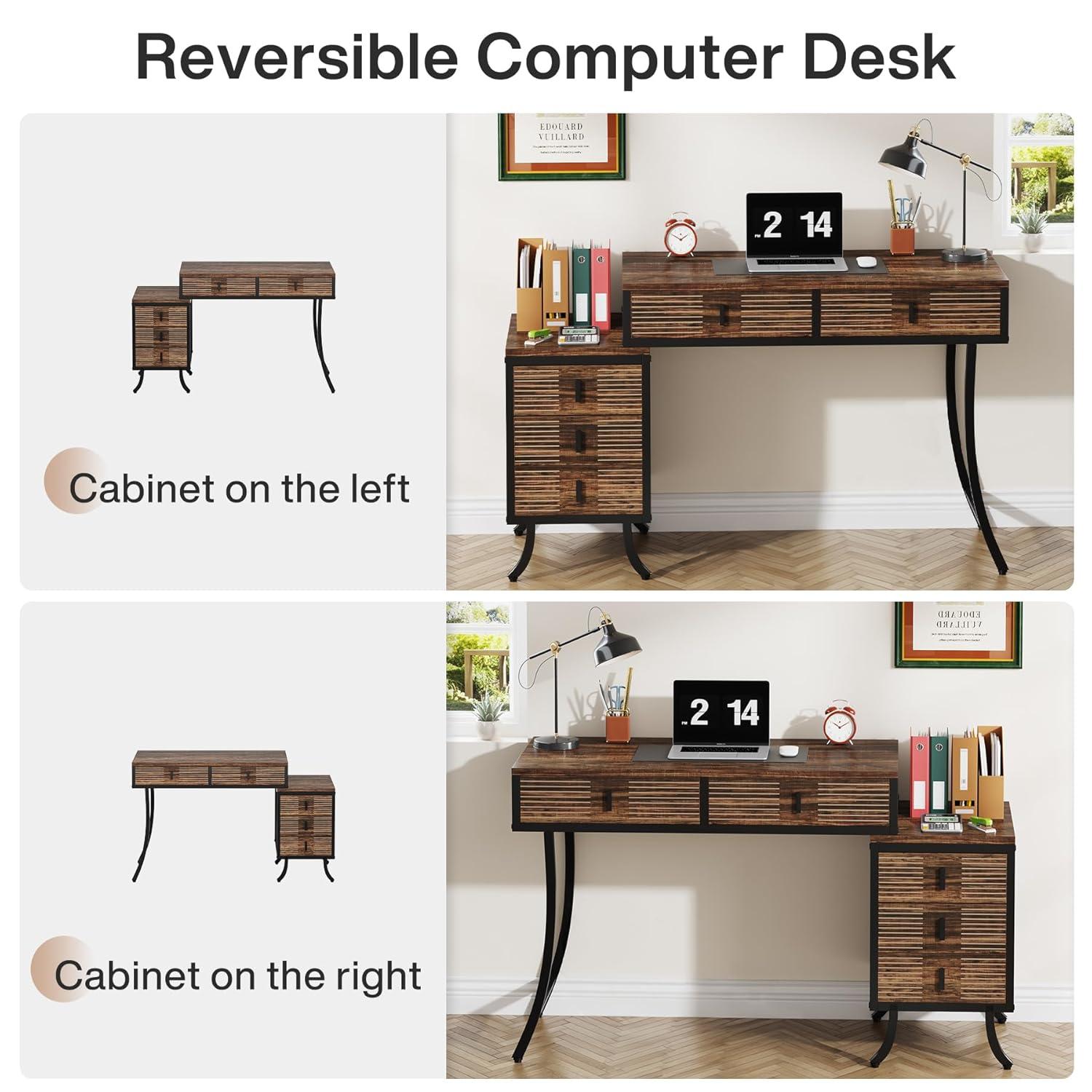 Finmind Computer Desk with 5 Drawers, 55" Home Office Desk with Reversible Drawer Cabinet