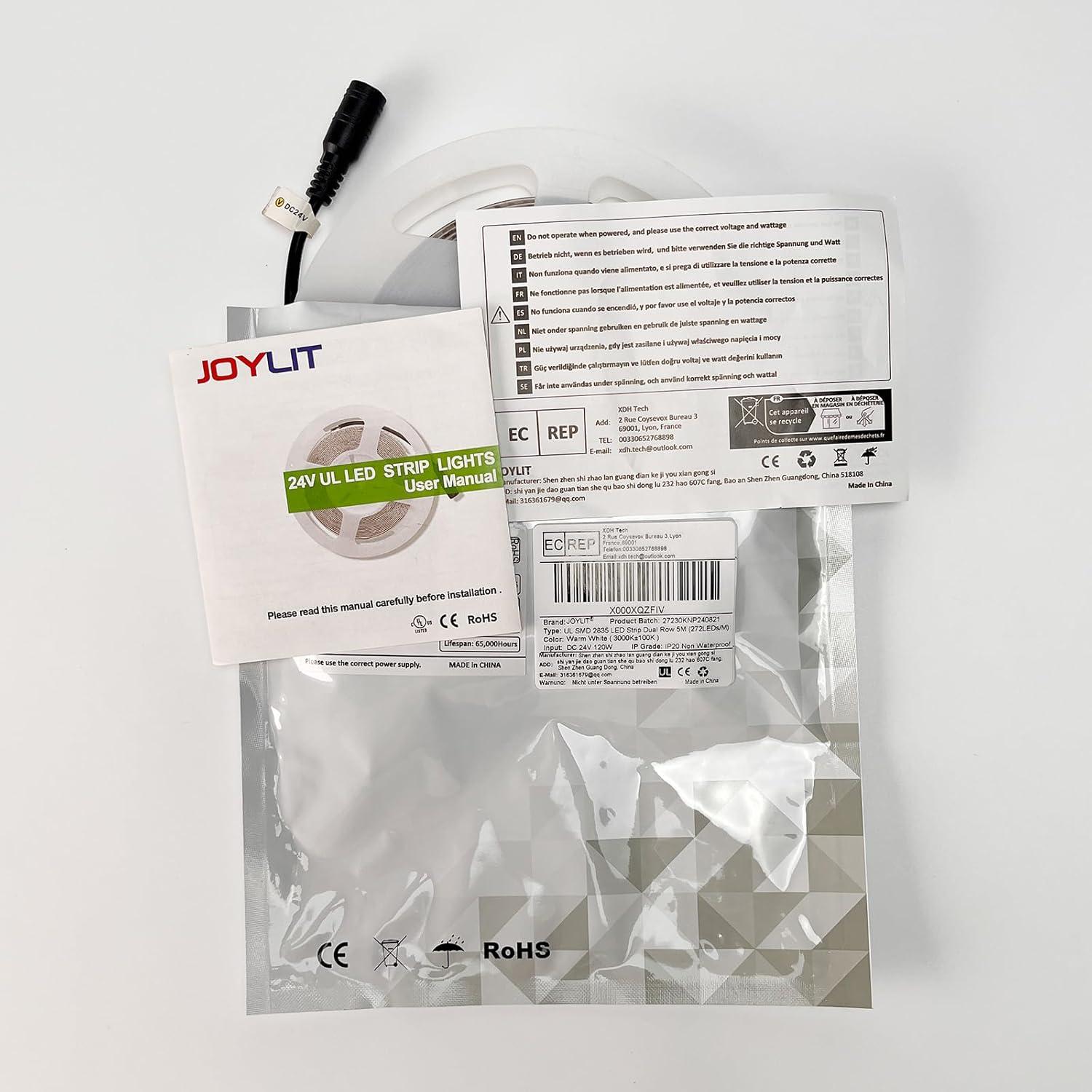 JOYLIT 24V LED Strip Warm White 3000K Dual Row 272LEDs/M 16.4FT, UL Listed Pro 792LM/FT CRI 92+ Dimmable Tape Lights 120W, 13000LM Ultra Bright Task Light Strip for Commercial, Home