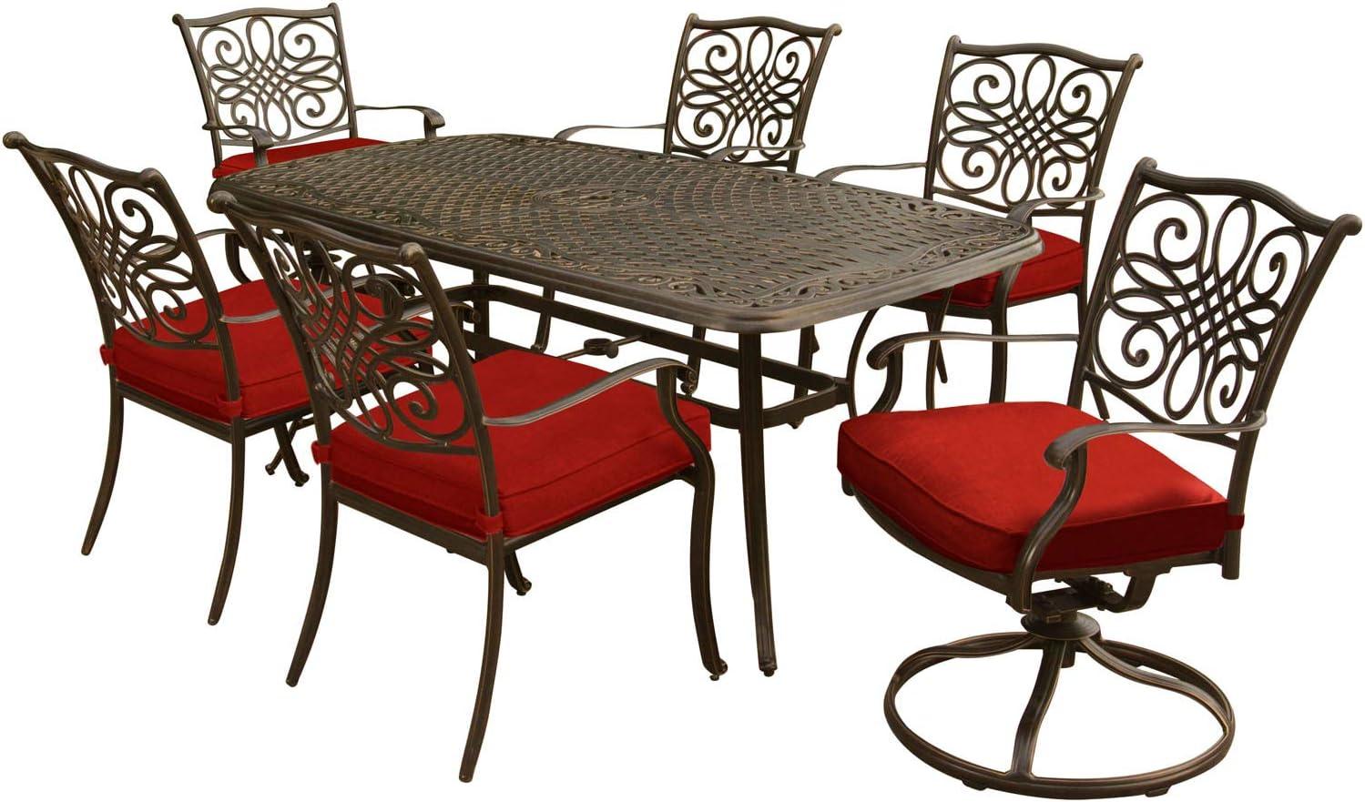 Hanover Bronze 7-Piece Outdoor Dining Set with Red Cushions