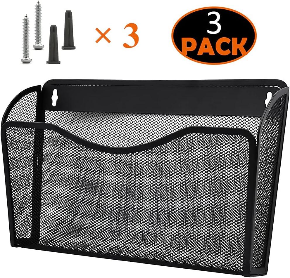 Mesh 3 Pack Wall Mounted File Holder Metal Hanging Vertical Wall File Pocket Organizer for Office and Home, Black