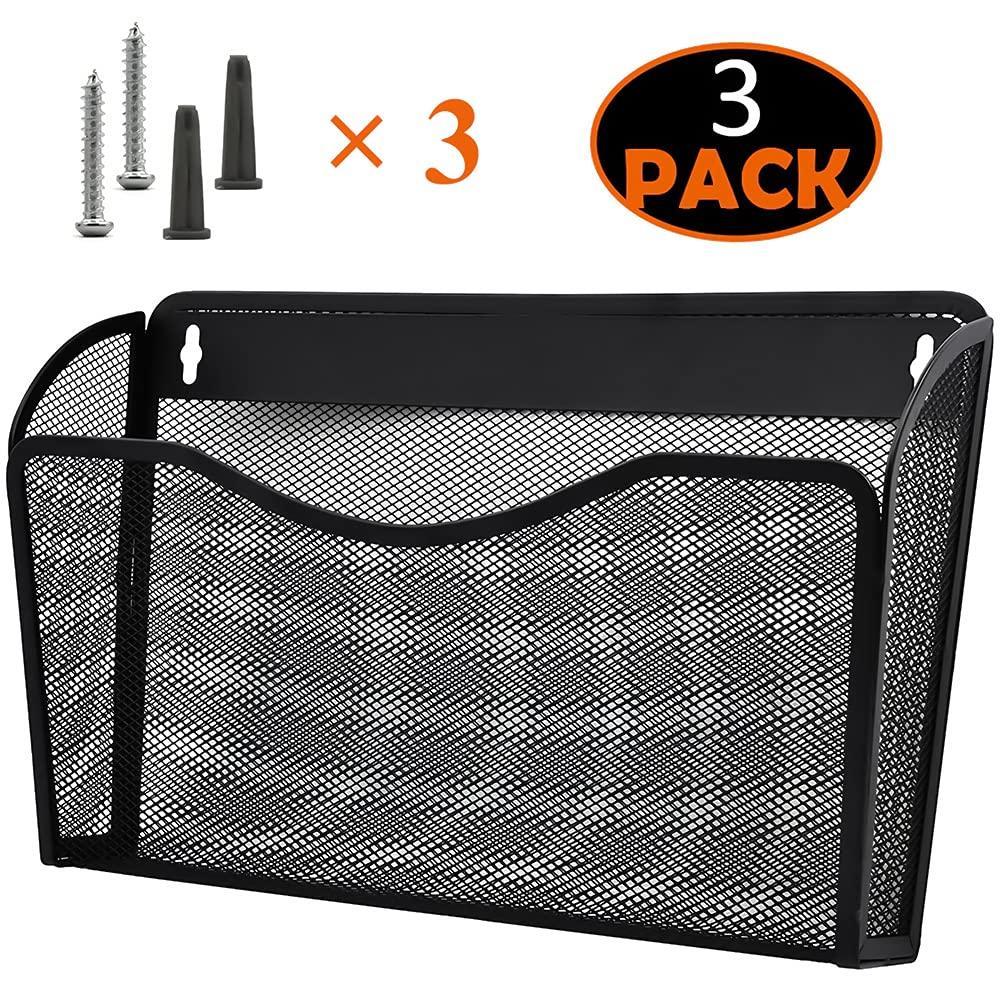 Mesh 3 Pack Wall Mounted File Holder Metal Hanging Vertical Wall File Pocket Organizer for Office and Home, Black
