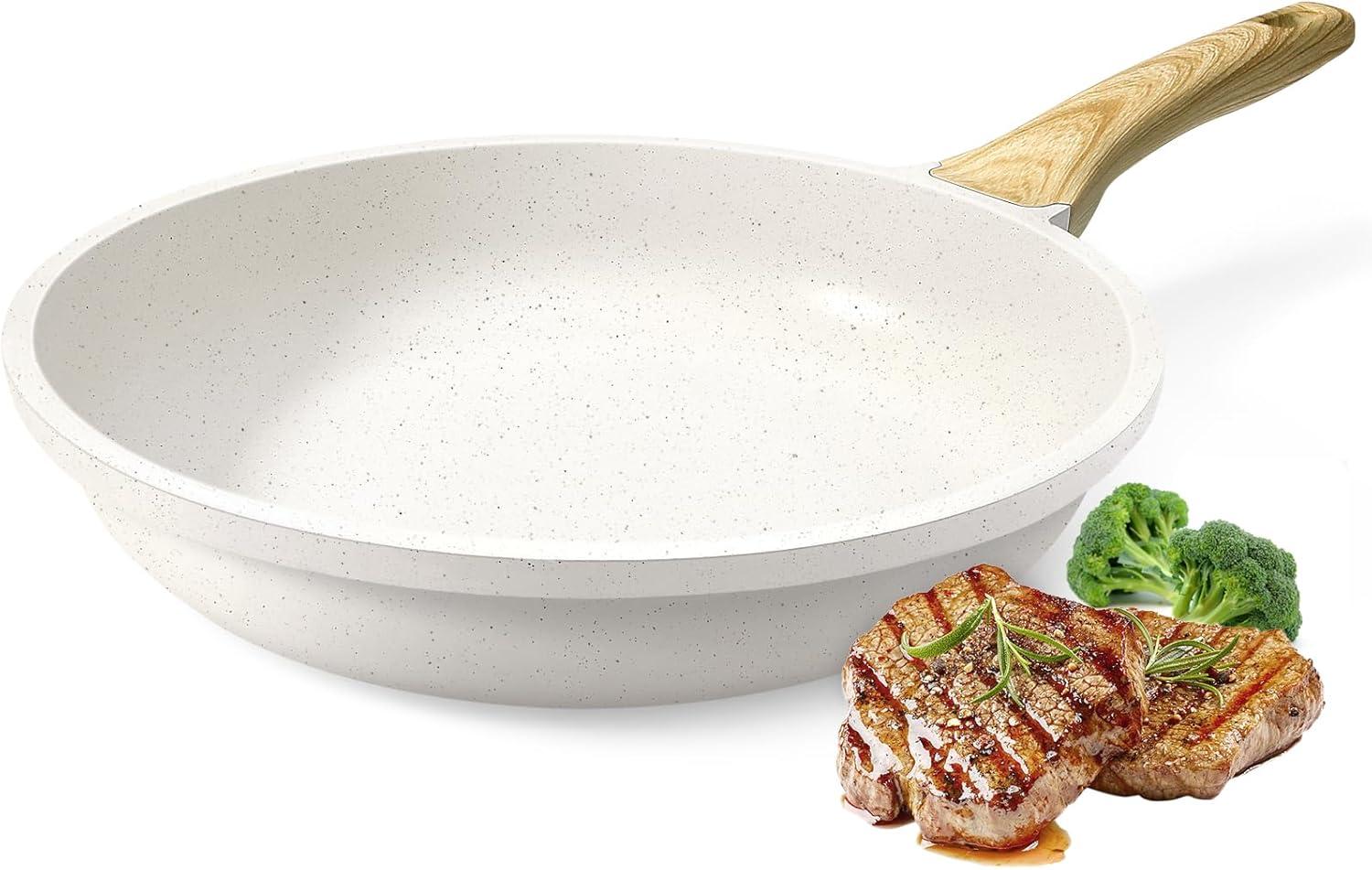 8-Inch White Ceramic Nonstick Aluminum Frying Pan with Woodgrain Handle