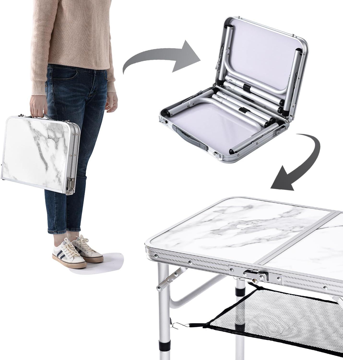 Small Folding Table with Mesh Layer, 3 Adjustable Heights Aluminum Lightweight Portable Folding Table with Extension Legs, Camping Table for RV, Picnic and Indoor