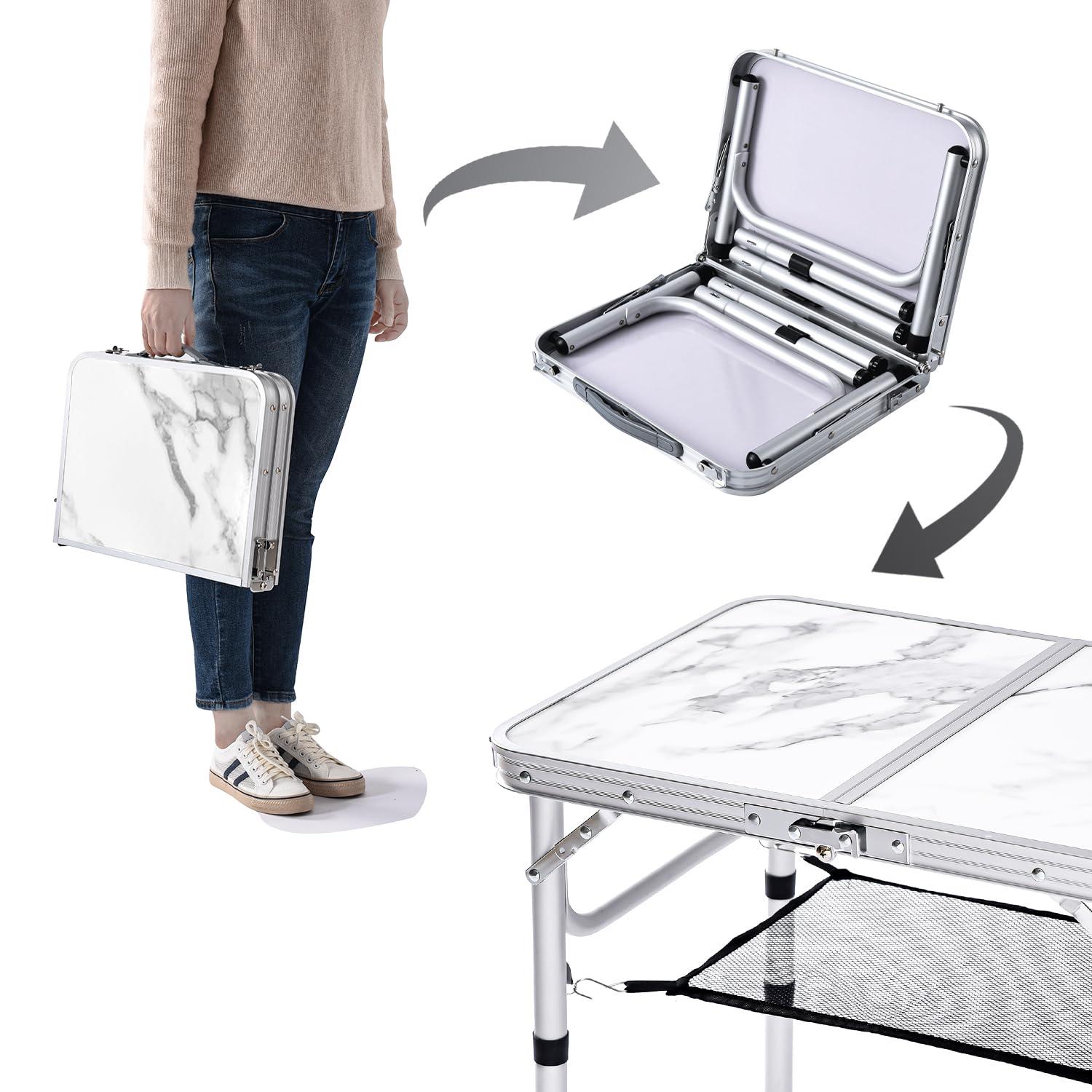 Small Folding Table with Mesh Layer, 3 Adjustable Heights Aluminum Lightweight Portable Folding Table with Extension Legs, Camping Table for RV, Picnic and Indoor