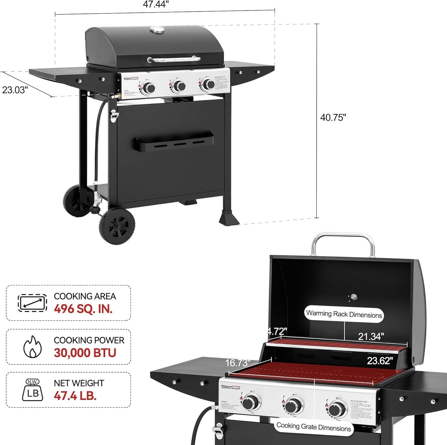 Royal Gourmet 3-Burner BBQ Liquid Propane Gas Grill, Black