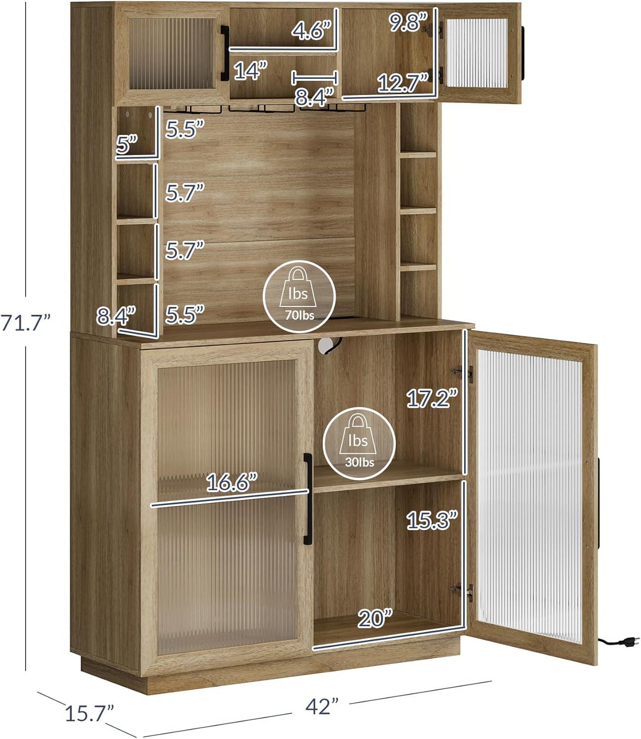 BELLEZE Coffee Wine Bar Cabinet with Power Outlet, 72" Rustic Liquor Cabinet, Tall Buffet Cabinet with Storage Kitchen Pantry Cupboard Wine& Glasses Rack Server with Hutch for Home Dining Room, Camel