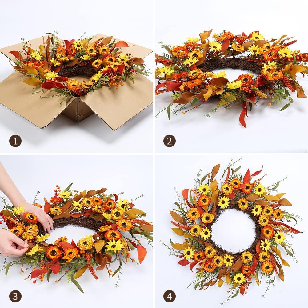 Artificial Fall Wreath 20 Inch Autumn Wreath for Front Door Thanksgiving Wreaths Orange Yellow Red Daisy Flower Wreath Artificial Wreath for Home Farmhouse Decor